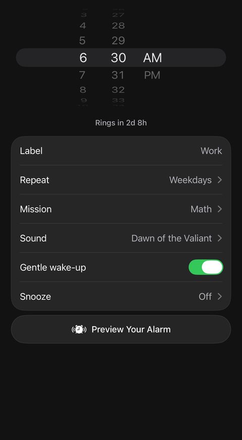 The Add Alarm screen in Mornin’, set to 6:30 AM, with the label Work, Repeat on weekdays, the Math mission, the song Dawn of the Valiant, Gentle wake-up on, Snooze off, and a Preview Your Alarm button.