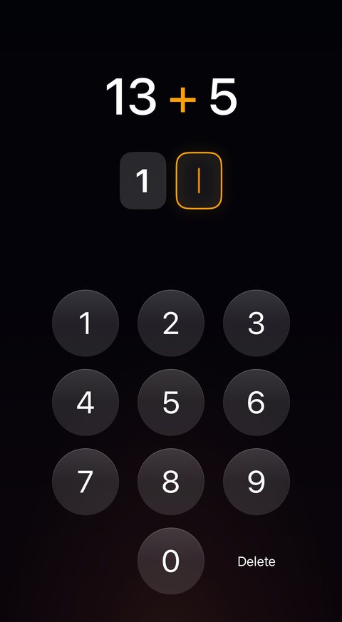 The Math mission in Mornin’: the sum 13 plus 5, the first answer digit 1 entered and the next box waiting, and a round number pad with Delete.