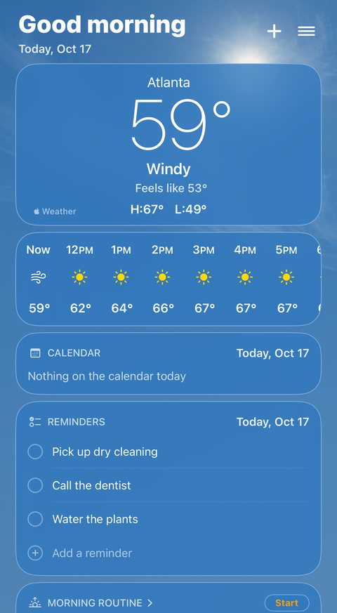 The Morning tab in Mornin’: Good morning, today’s weather in Atlanta at 59 degrees and windy with the coming hours, an empty calendar card, and three reminders to check off.